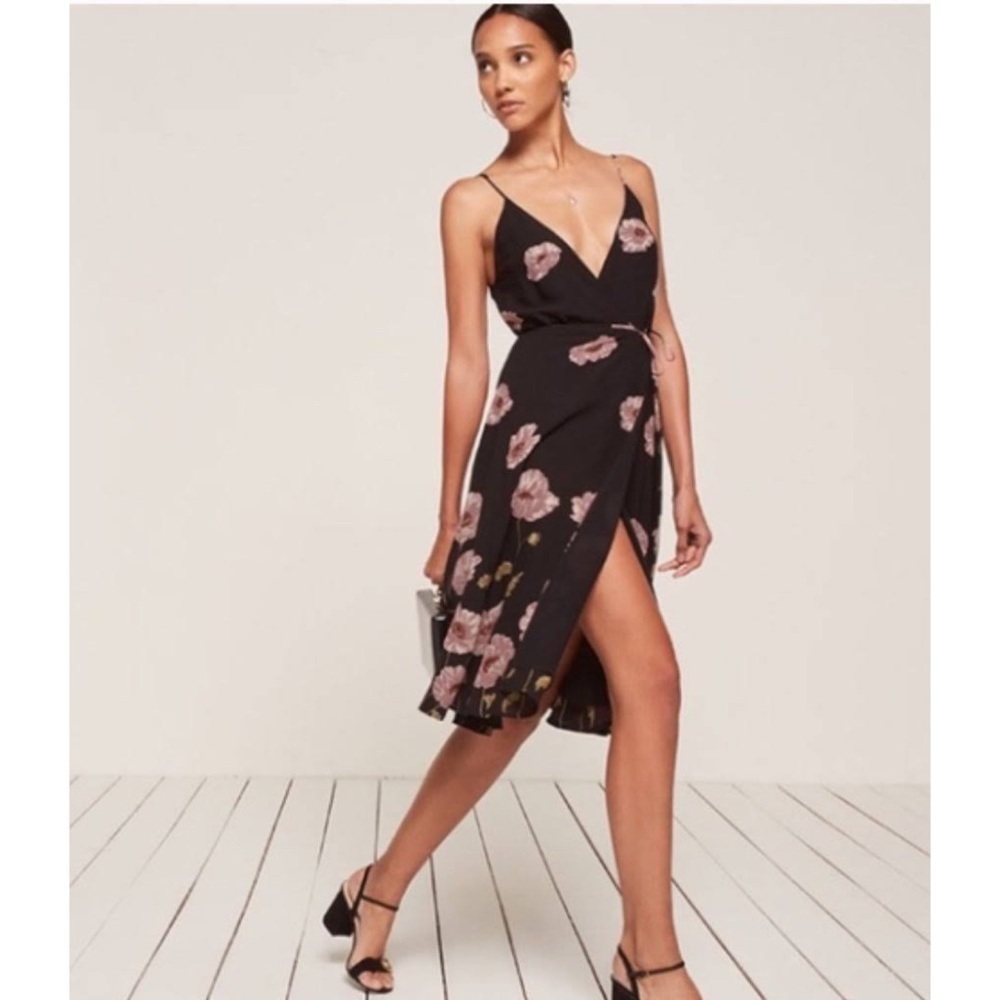 EUC Reformation Floral Pink Poppy Flower Temple Midi Wrap Dress Size '​​​​​​ - Picture 13 of 13